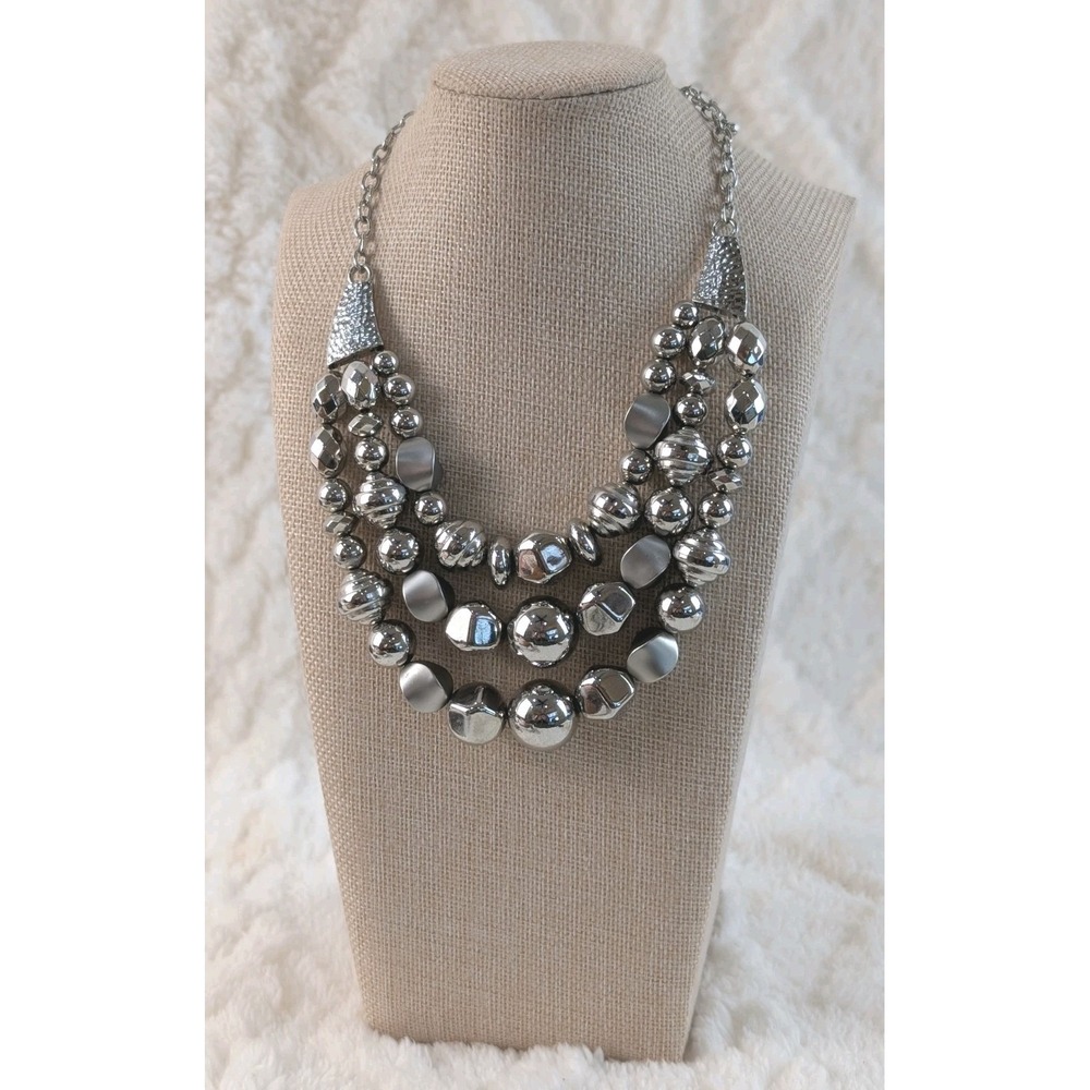 Chunky Silver Tone Multi Strand Beaded Statement Necklace‎ Gunmetal